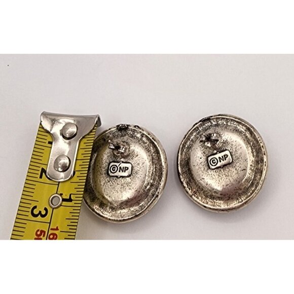 GORGEOUS Vintage Silver Ocean Blue Cabochon Signed Clip-On Earrings Beaded Trim - Picture 5 of 6